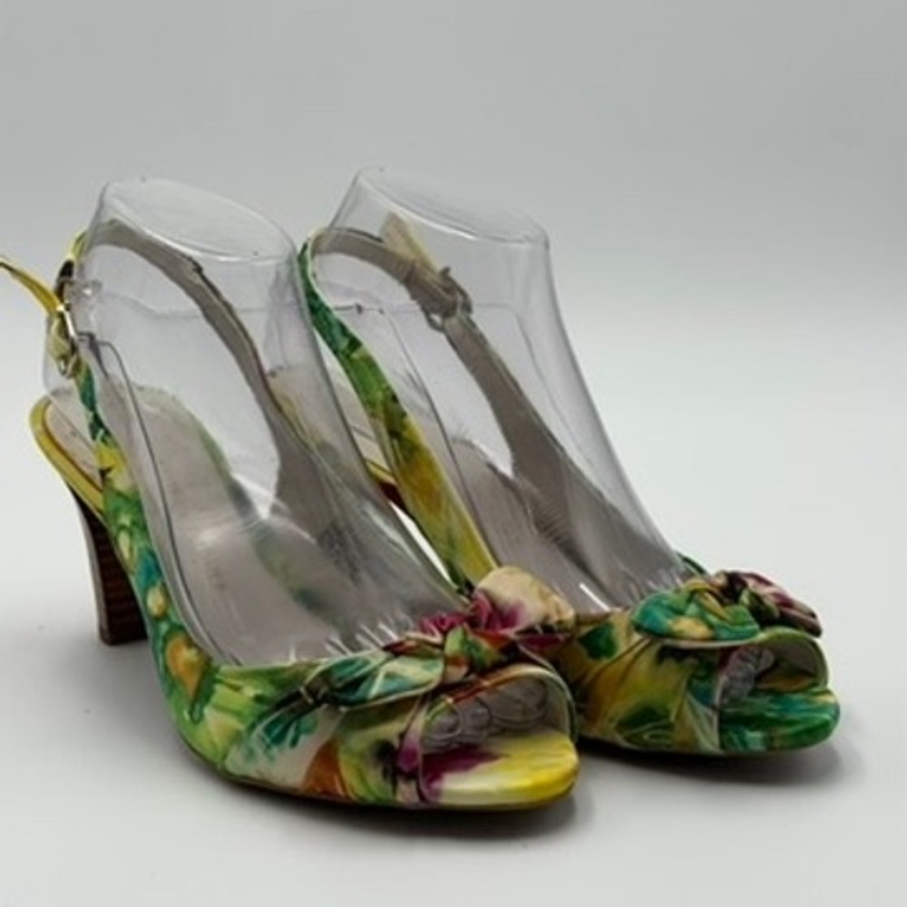 Etienne Aigner Darla Slingback Heels Womens 7.5M Floral Peep Toe Bow Good Green - Picture 1 of 7